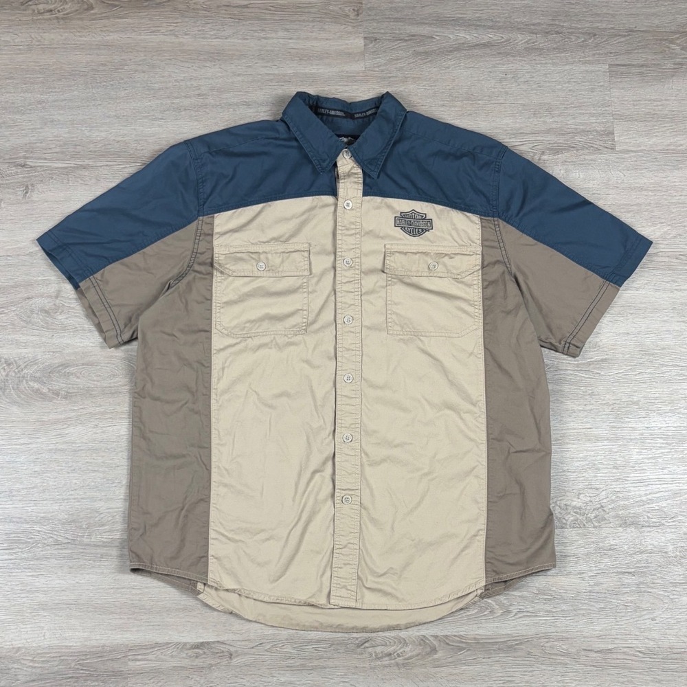 Harley-Davidson Button Down Shirt Mens XL Blue Tan Colorblock Short Sleeve Logo